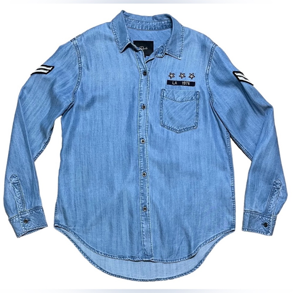 Rails Wm’s Calder Medium Vintage Military Patch Chambray Button Down Shirt Sz XS